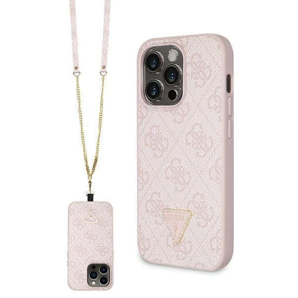 Guess Crossbody Case for iPhone 15 Pro 6.1" Pink Hard Shell with Metal Logo