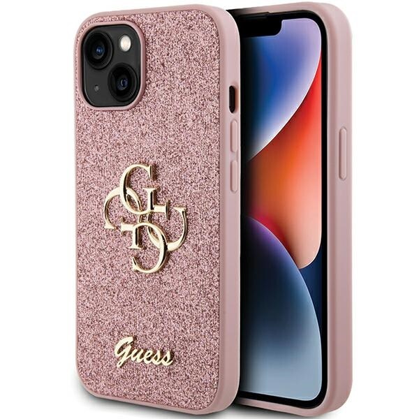 Guess Glitter Script Big 4G tapauksessa iPhone 15 - vaaleanpunainen