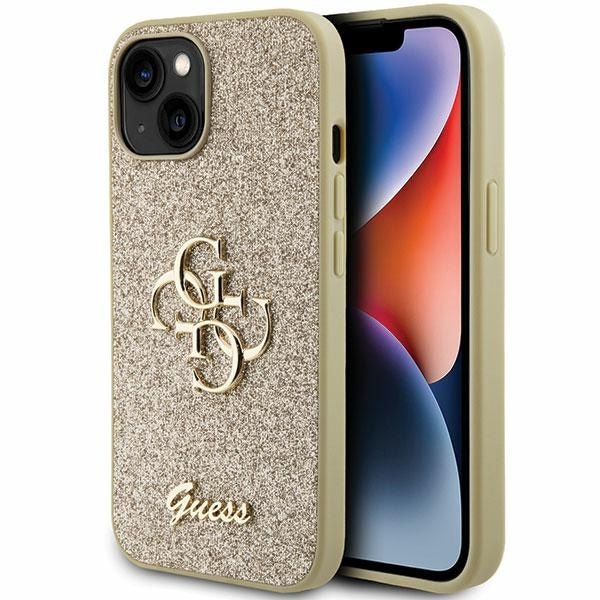 Guess Glitter Script Big 4G iPhone 15 Kotelo - kultainen