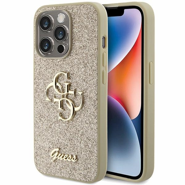 Guess Glitter Script Big 4G iPhone 15 Pro kotelo - kultainen