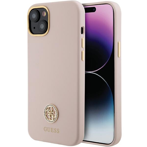 Guess Silikoni Logo Strass 4G tapauksessa iPhone 15 - vaalean vaaleanpunainen