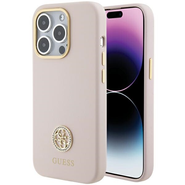 Guess Silikoni Logo Strass 4G kotelo iPhone 15 Pro - vaalean vaaleanpunainen