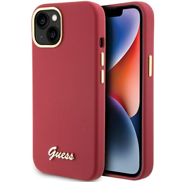 Guess Silikoni Script Metal Logo & Frame tapauksessa iPhone 15 - punainen