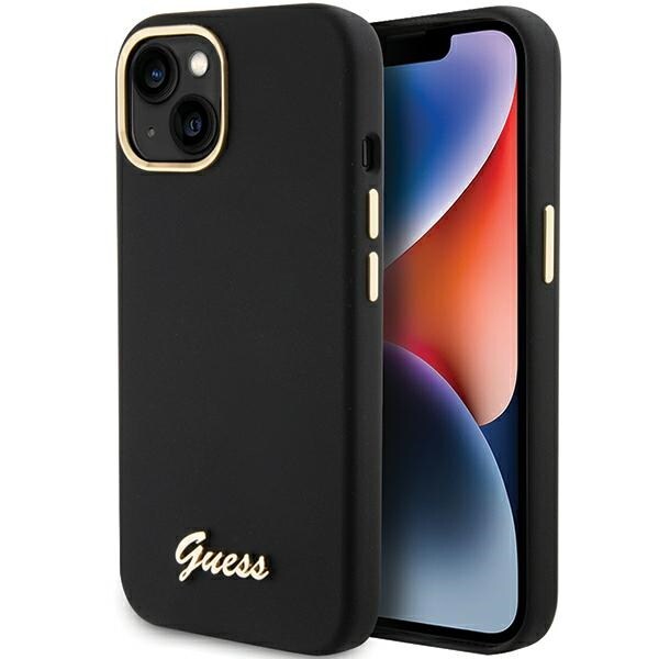 Guess Silikoni Script Metal Logo & Frame tapauksessa iPhone 15 - musta