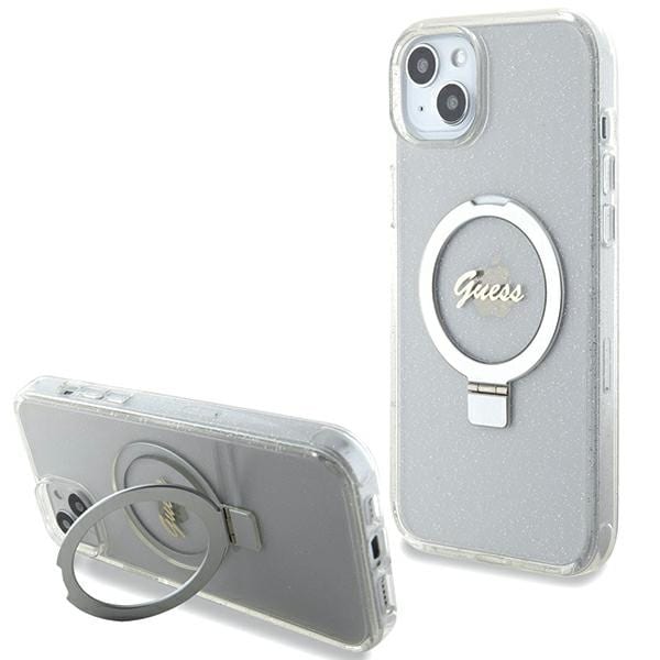 Guess GUHMP15MHRSGSD iPhone 15 Plus / 14 Plus 6.7" Transparent Hard Case Ring Stand Glitter MagSafe