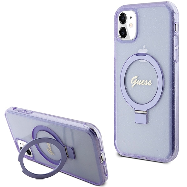 Guess Ring Stand Script Glitter MagSafe tapauksessa iPhone 11 / Xr - violetti