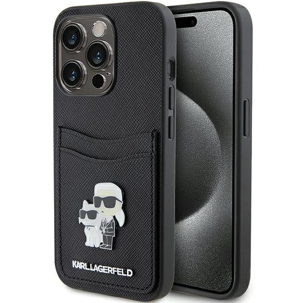 Karl Lagerfeld Saffiano Cardslot Karl&Choupette Metal Pin tapauksessa iPhone 15 Pro - musta