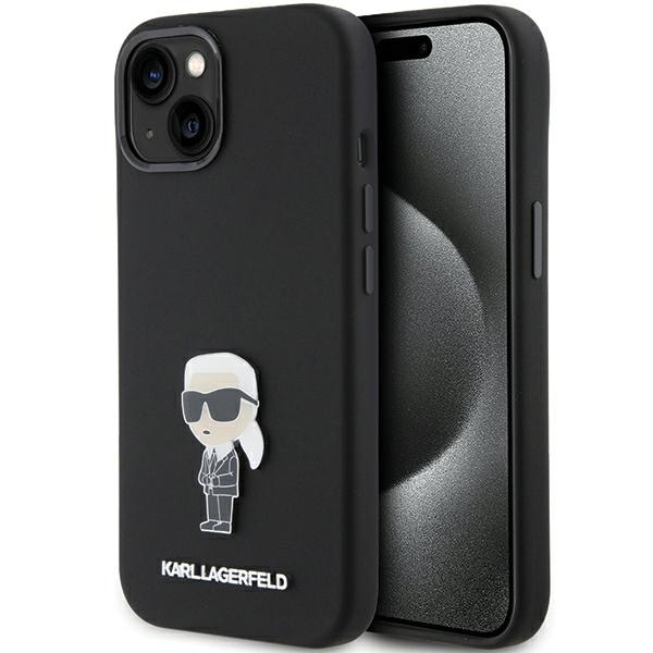 Karl Lagerfeld Silikoni Ikonik Metal Pin tapauksessa iPhone 15 - musta