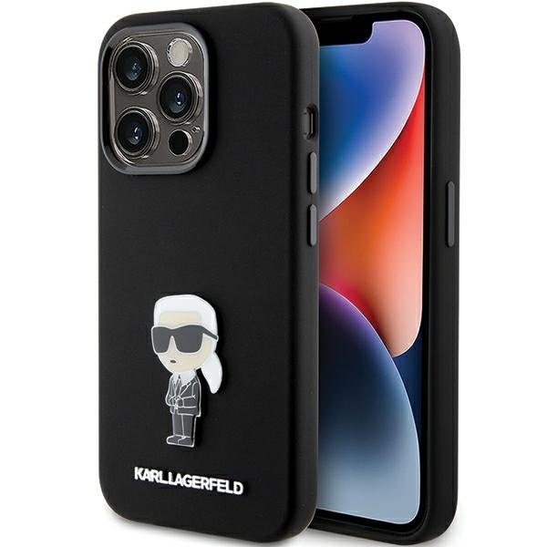 Karl Lagerfeld Silikoni Ikonik Metal Pin tapauksessa iPhone 15 Pro - musta
