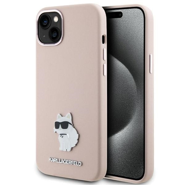 Karl Lagerfeld Silikoni Choupette Metal Pin asia iPhone 15 Plus / 14 Plus - Vaaleanpunainen