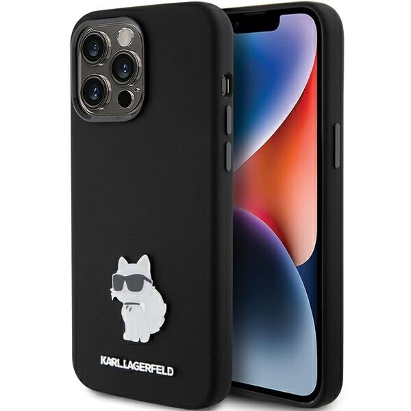 Karl Lagerfeld Silikoni Choupette Metal Pin tapauksessa iPhone 15 Pro - musta