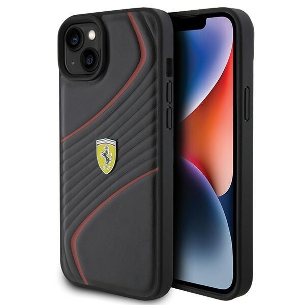 Ferrari Twist Metal Logo -kotelo iPhone 15 Plus - musta