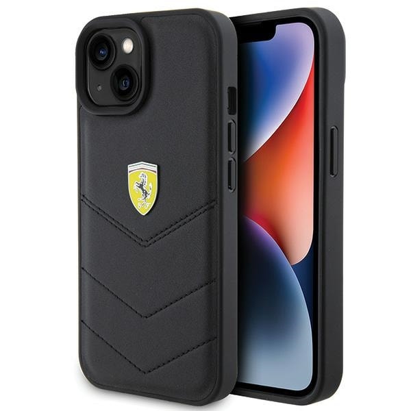 Ferrari Tikattu metallilogo kotelo iPhone 15:lle - musta