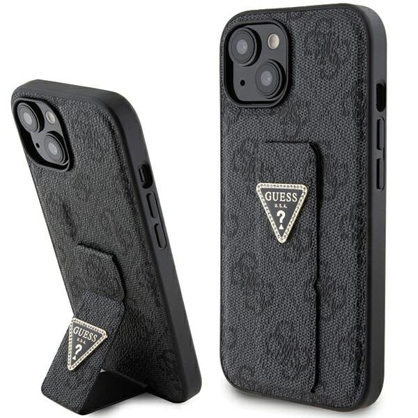 Guess Grip Stand 4G Triangle Strass -kotelo iPhone 15:lle - musta