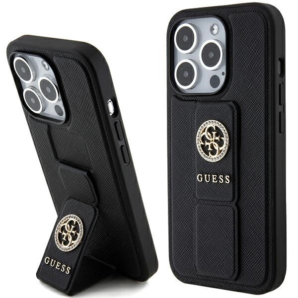 Guess Grip Stand 4G Saffiano Strass kotelo iPhone 15 Pro Max - mustalle - musta