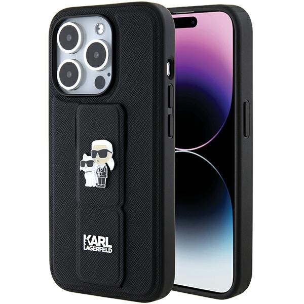 Karl Lagerfeld Gripstand Saffiano Karl&Choupette Pins kotelo iPhone 15 Pro Max - musta