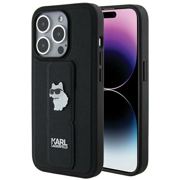 Karl Lagerfeld Gripstand Saffiano Choupette Pins tapauksessa iPhone 14 Pro Max - musta