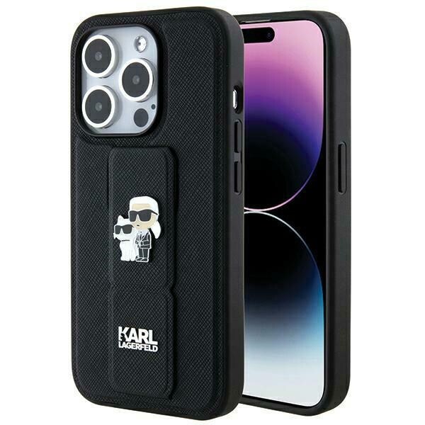 Karl Lagerfeld Gripstand Saffiano Karl&Choupette Pins kotelo iPhone 14 Pro - musta