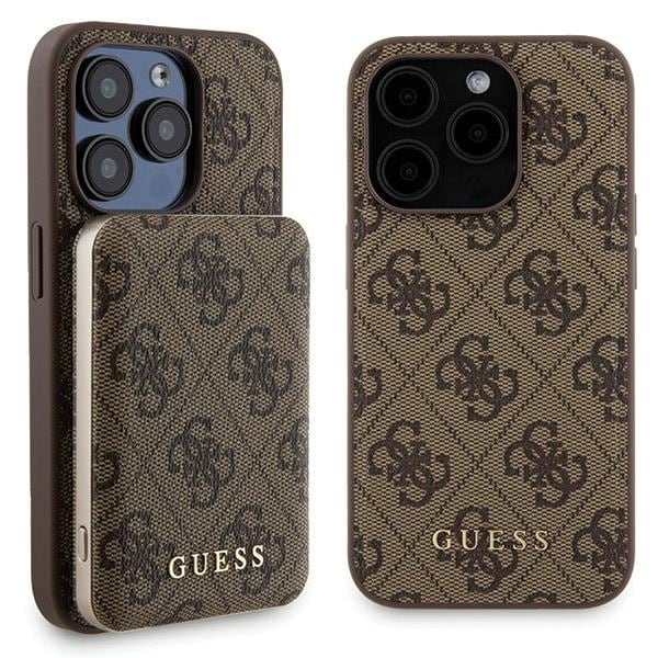 Guess 4G Metal Logo kotelosarja iPhone 15 Pro + 5000mAh MagSafe-virtapankki - ruskea