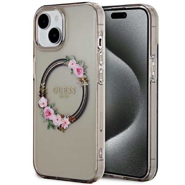 Guess IML Flowers Wreath MagSafe -kotelo iPhone 15 / 14 / 13 - musta