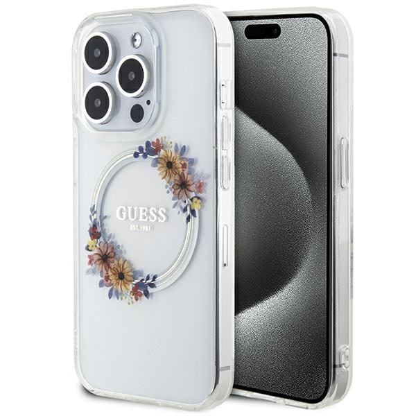 Guess IML Flowers Wreatch MagSafe iPhone 15 Pro Max -kotelo - Kirkas