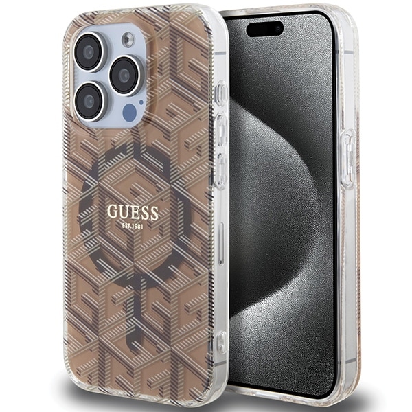 Guess IML GCube MagSafe -kotelo iPhone 15 Pro:lle - ruskea
