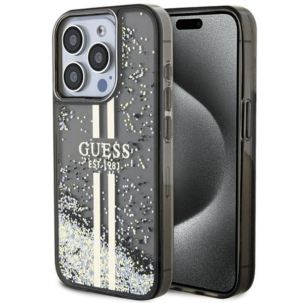 Guess Liquid Glitter Gold Stripes -kotelo iPhone 15 Pro:lle - musta