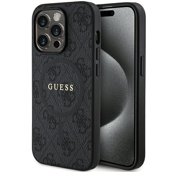 Guess 4G Collection Nahka Metal Logo MagSafe Case for iPhone 14 Pro - Musta