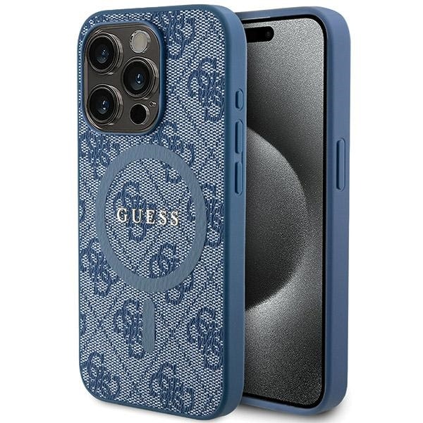 Guess 4G Collection Nahka Metal Logo MagSafe Case for iPhone 14 Pro - sininen