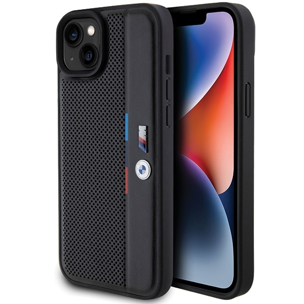 BMW Rei'itetty Tricolor Line -kotelo iPhone 15 Plus / 14 Plus - musta