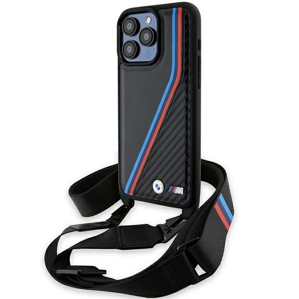 BMW M Edition Carbon Tricolor Lines & Strap -kotelo iPhone 15 Pro:lle - musta