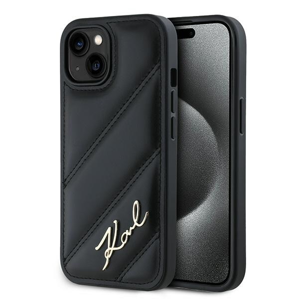 Karl Lagerfeld Diagonaalinen tikattu Script kotelo iPhone 15 Plus / 14 Plus - musta