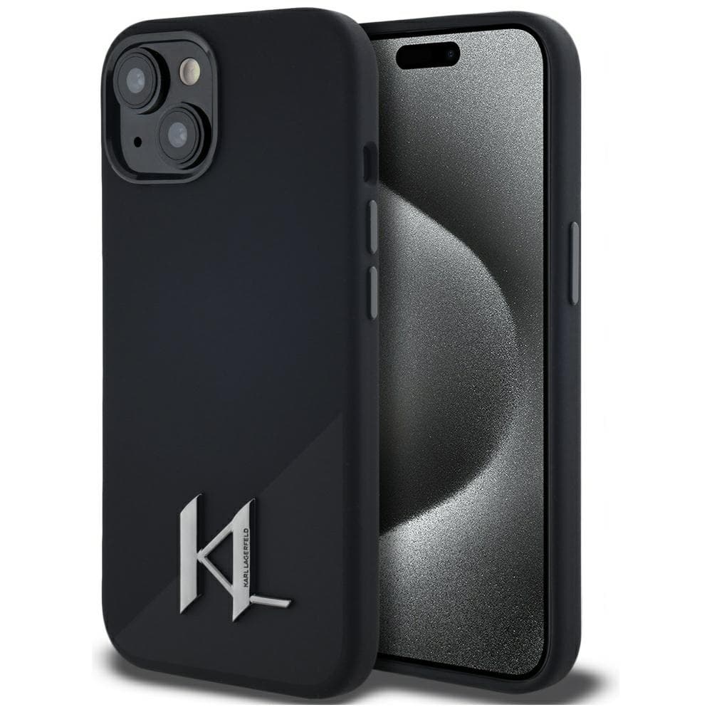 Karl Lagerfeld Silikoni Shadow Metal Initial MagSafe tapauksessa iPhone 15 Musta musta
