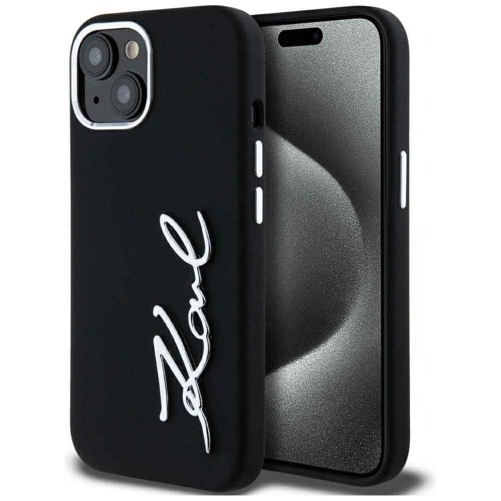 Karl Lagerfeld Silikoni Metal Script Logo iPhone 15 Case - Musta