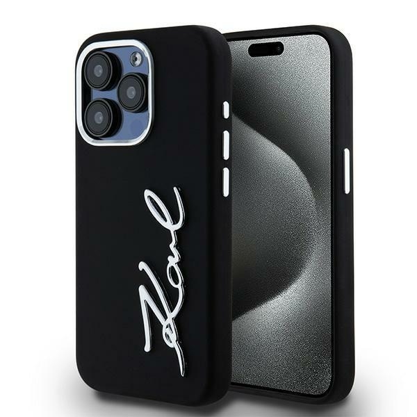 Karl Lagerfeld Silikoni Metal Script Logo iPhone 15 Pro Max Case - Musta