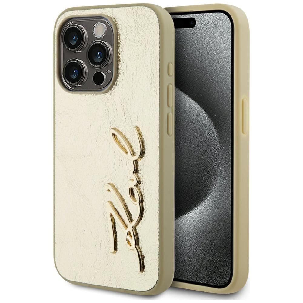 Karl Lagerfeld ryppyinen metalli allekirjoitus iPhone 15 Pro Max Case - kultainen