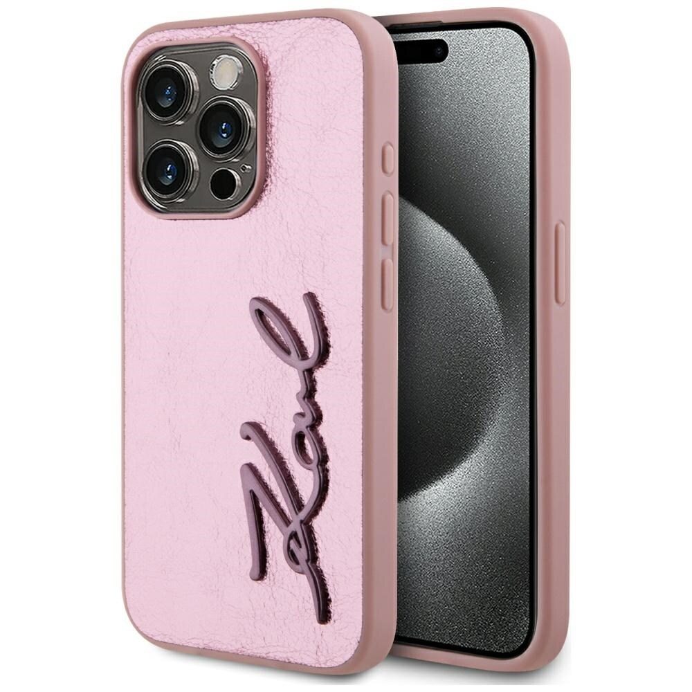 Karl Lagerfeld ryppyinen metalli allekirjoitus iPhone 15 Pro Max Case - vaaleanpunainen