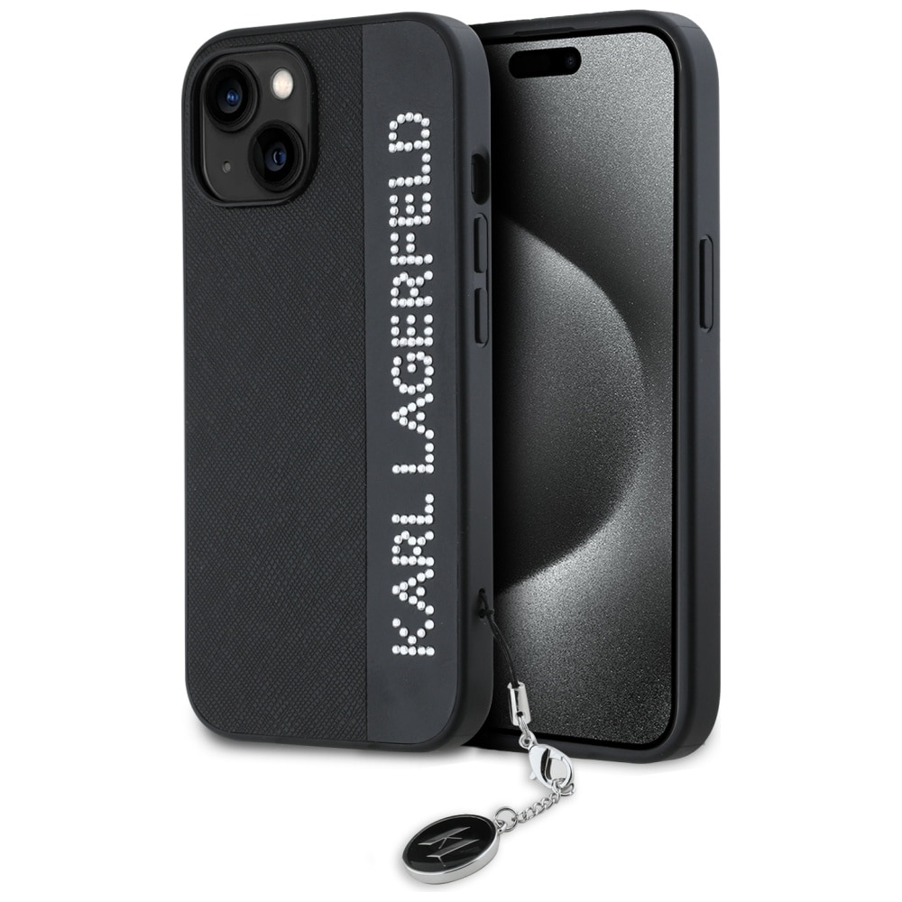 Karl Lagerfeld Saffiano Strassit & Charm tapauksessa iPhone 15 / 14 / 13 - musta