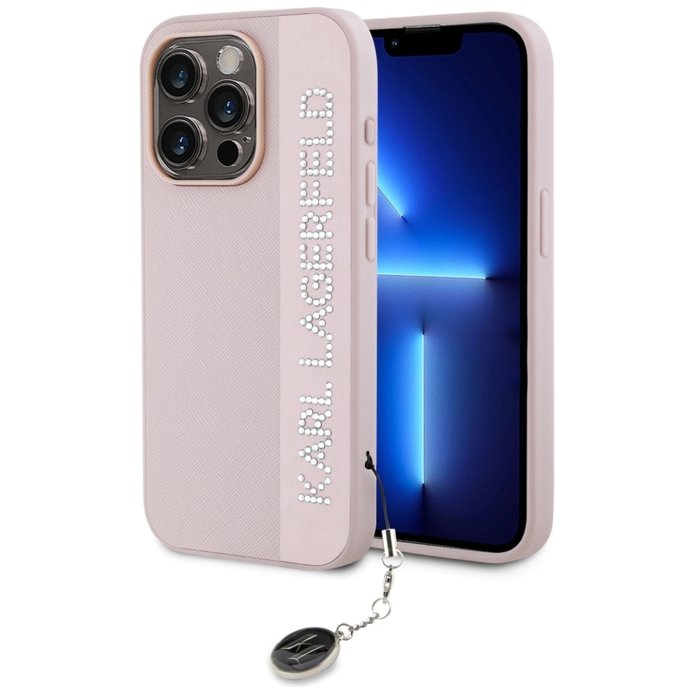 Karl Lagerfeld Saffiano Strassit & Charm iPhone 15 Pro Max - vaaleanpunainen