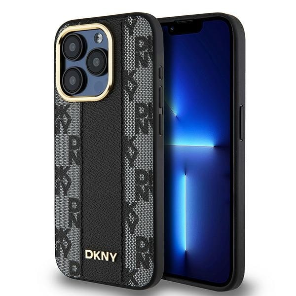 DKNY Nahkainen ruudullinen monokuvioinen MagSafe iPhone 15 Pro Max kotelo - musta
