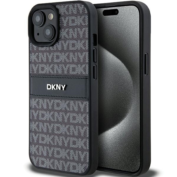 DKNY Nahka Mono Stripe & Metal Logo Case varten iPhone 15/14/13 - Musta