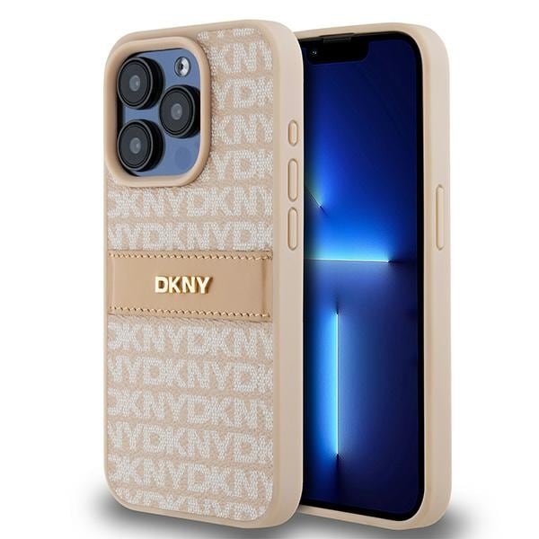 DKNY Nahka Mono Stripe & Metal Logo tapauksessa iPhone 15 Pro - vaaleanpunainen