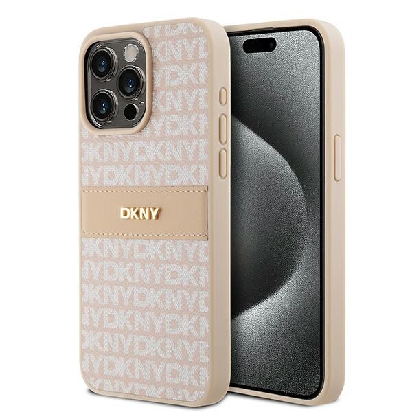 DKNY Nahka Mono Stripe & Metal Logo tapauksessa iPhone 15 Pro Max - vaaleanpunainen