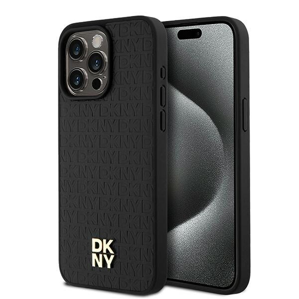 DKNY Nahka monogrammi kuvio metalli logo MagSafe tapauksessa iPhone 15 Pro Max - musta