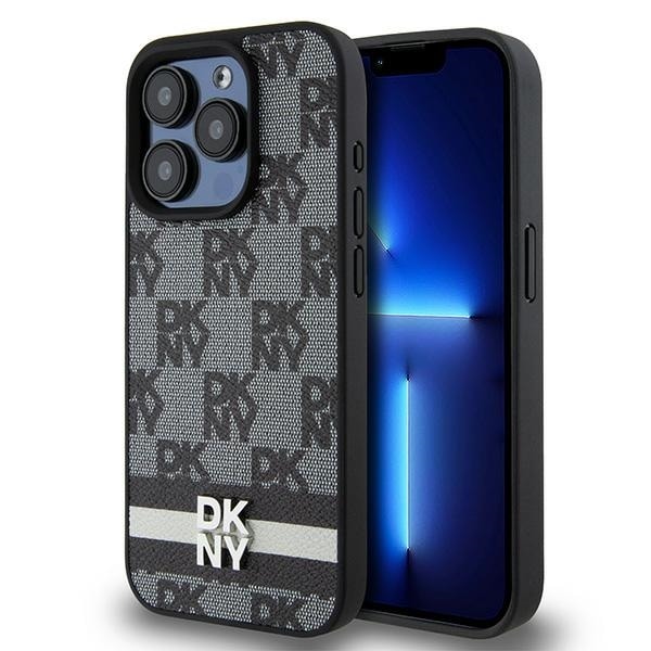 DKNY Nahka Ruudullinen monokuvioinen ja painetut raidat iPhone 15 Pro Case - Musta