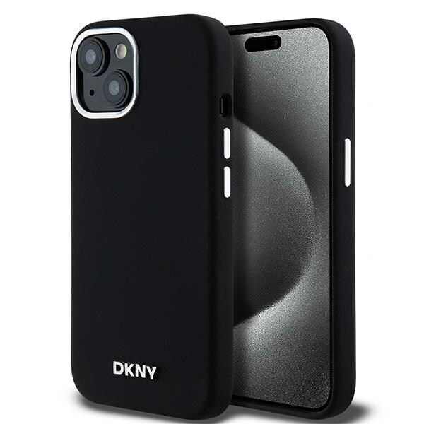 DKNY Liquid Silikoni Pieni Metal Logo MagSafe tapauksessa iPhone 15 Plus / 14 Plus - Musta