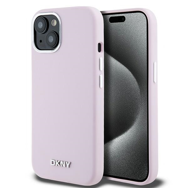 DKNY Liquid Silikoni Pieni Metal Logo MagSafe tapauksessa iPhone 15 Plus / 14 Plus - vaaleanpunainen