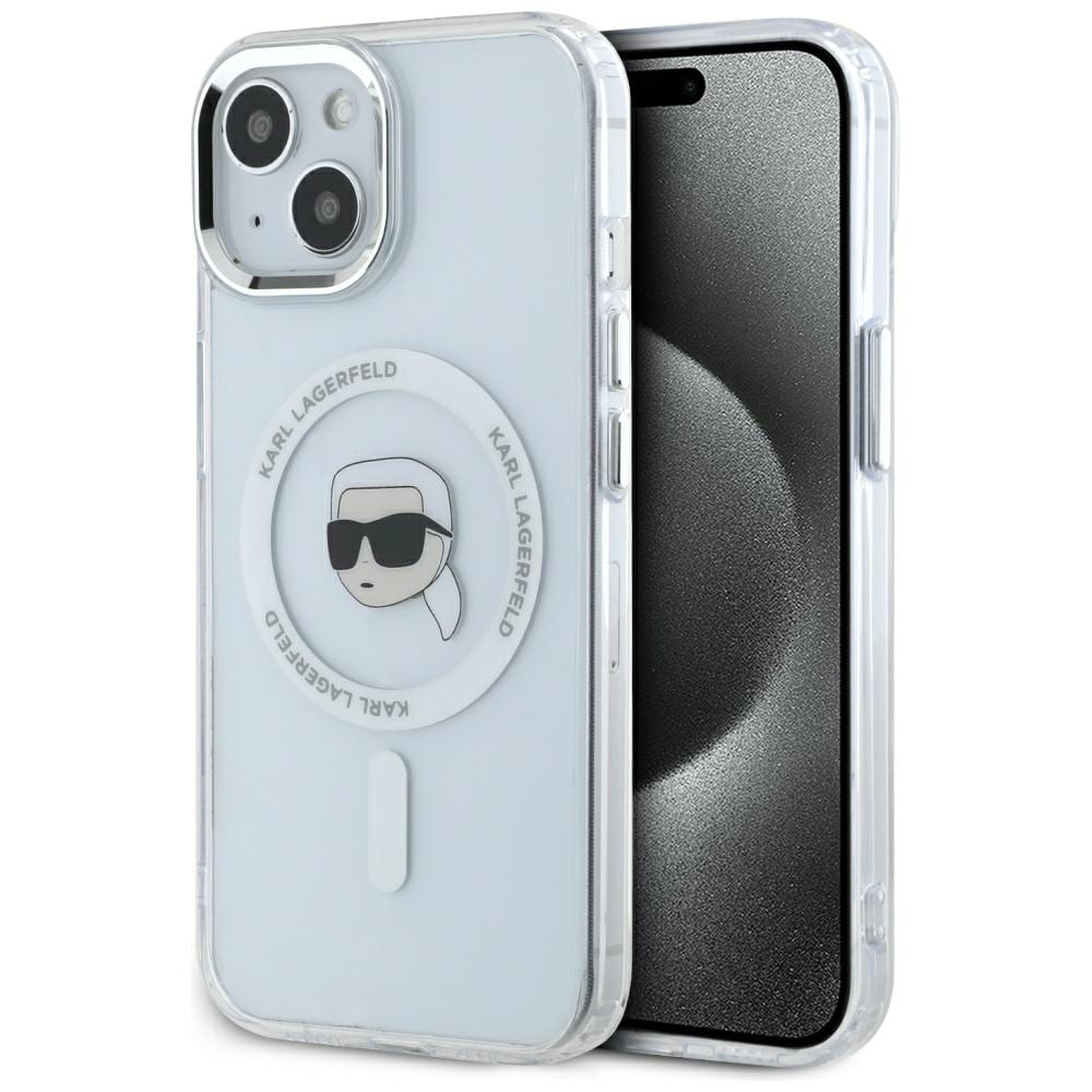 Karl Lagerfeld IML Metal Karl Head MagSafe tapauksessa iPhone 15 Valkoinen