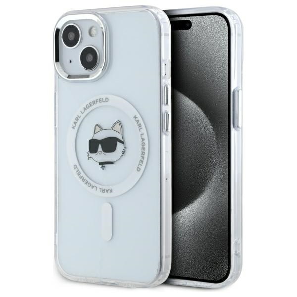 Karl Lagerfeld IML Metal Choupette Head MagSafe iPhone 15 Kotelo - Valkoinen