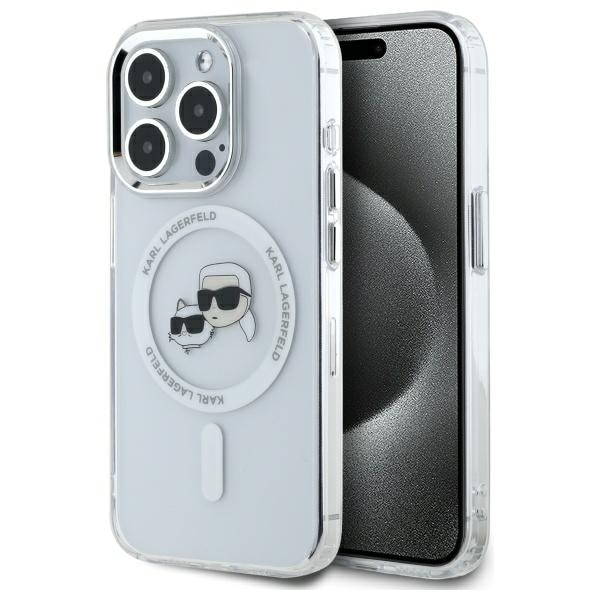Karl Lagerfeld IML Metal Karl&Choupette Head MagSafe iPhone 15 Pro Case - Valkoinen